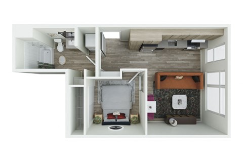 a stylized floor plan with a bedroom and a living room